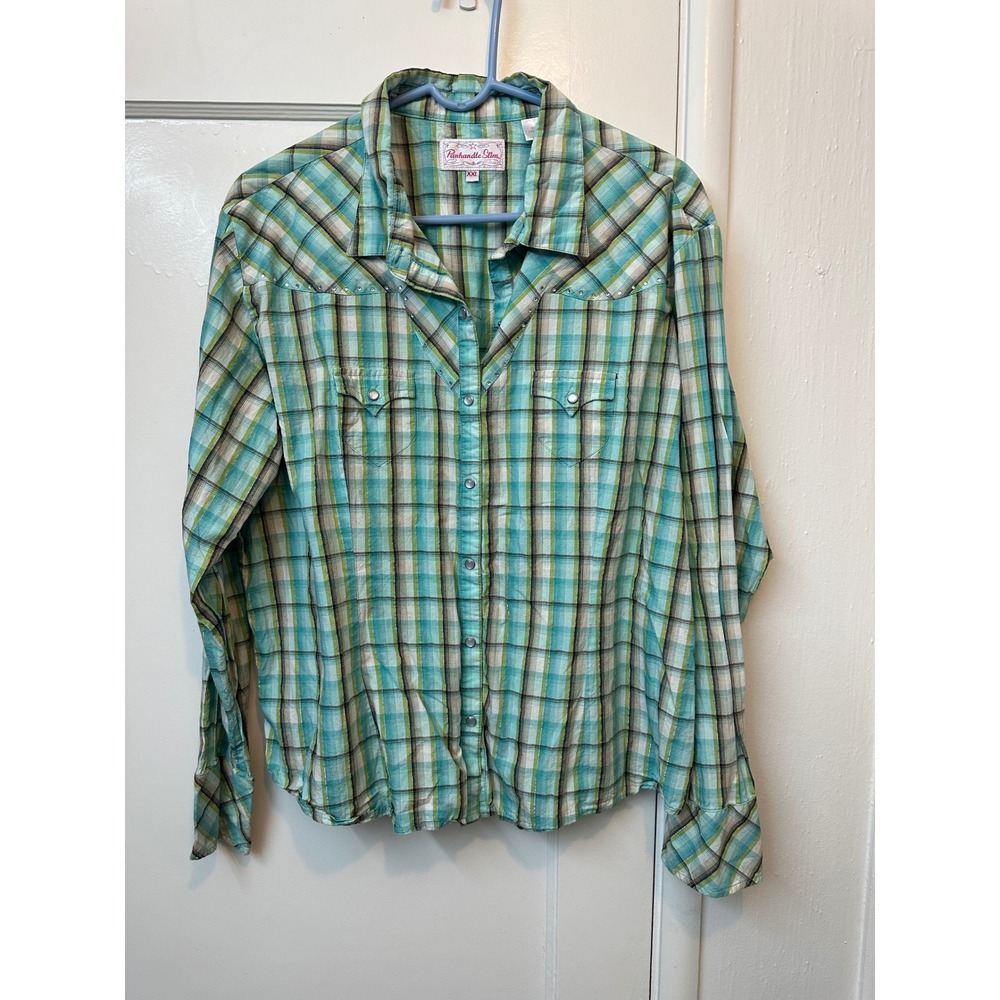 Panhandle Slim Womens XXL‎ Western Snap Shirt Plaid Rhinestone Embroidered rodeo